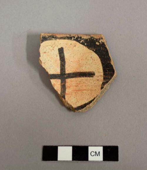 Rim sherd, interior black-on-white design, exterior black, white & red design. tonto polychrome