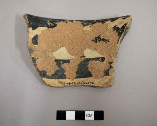 Rim sherd of a recurved bowl: interior black on white, exterior black, white, and red - tonto polychrome