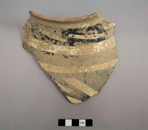 Rim sherd of jar, exterior black-on-white design, interior red slipped. gila polychrome