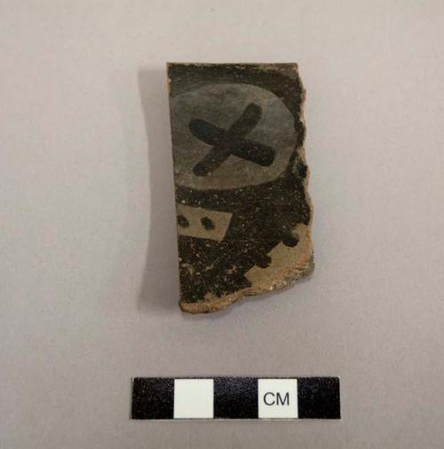 Rim sherd; bowl; interior black and white decoration, exterior slipped red, thin section removed - gila polychrome