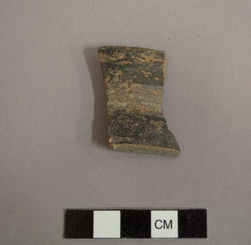 Rim sherd; jar; short neck, wide mouth, exterior black and white linear decoration, thin section removed - gila polychrome?