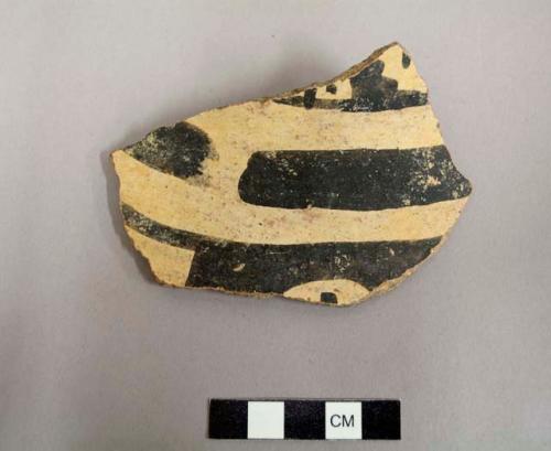 Body sherd from a jar, black on white geometric decoration on body exterior - gila polychrome?