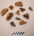 Ceramic rim and body sherds, various, polychrome, one perforated
