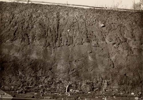 Section of earth- layers of clay, red gravel, boulders, decomposed schist