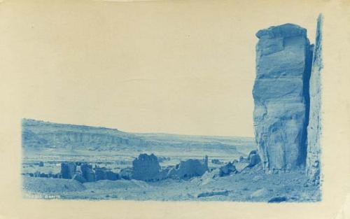 Ground level view of entire Pueblo from side of faces of tallest remaining walls