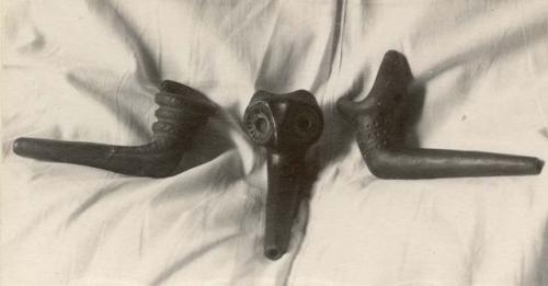 Effigy pipe (owl) and two other pipes from Loveland collection