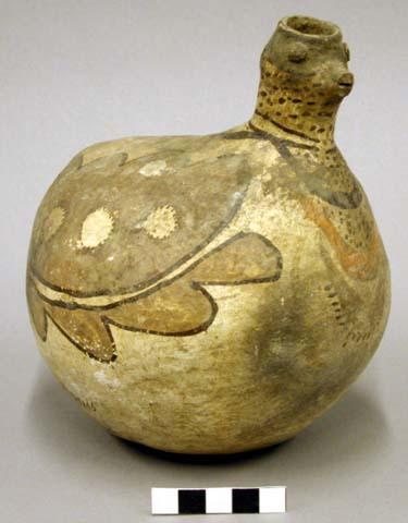 Polychrome pottery bird-form jar - brown, black, yellow