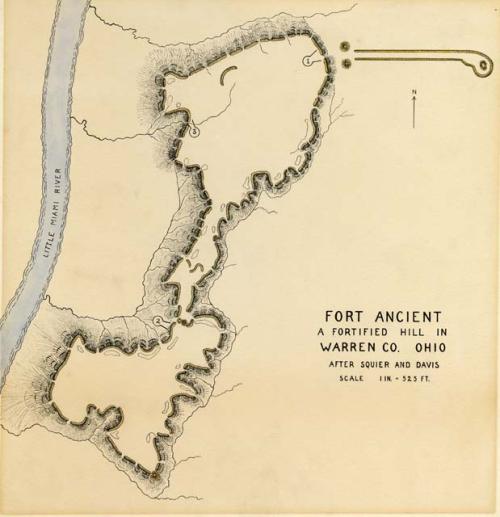 Map of Fort Ancient a fortified hill in Warren County, Ohio.