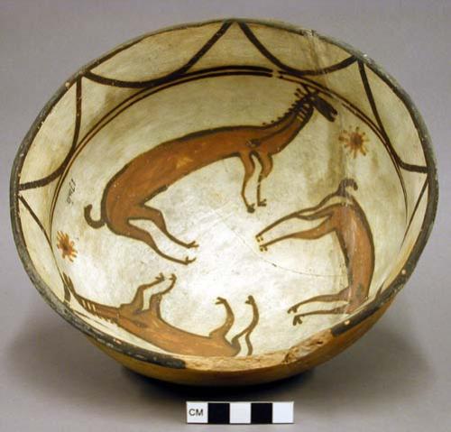 Bowl, polacca polychrome style c. int: animal design; ext: slipped, no design. 9