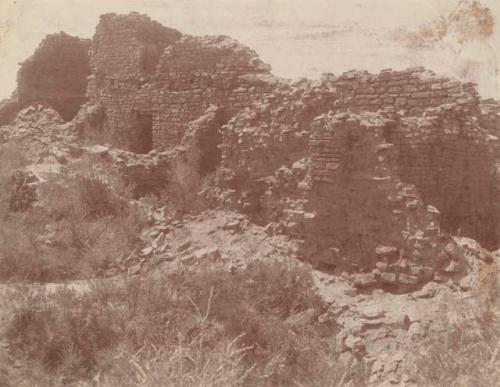 Pueblo ruin at Aztec. Ruins of stone or brick dwellings.