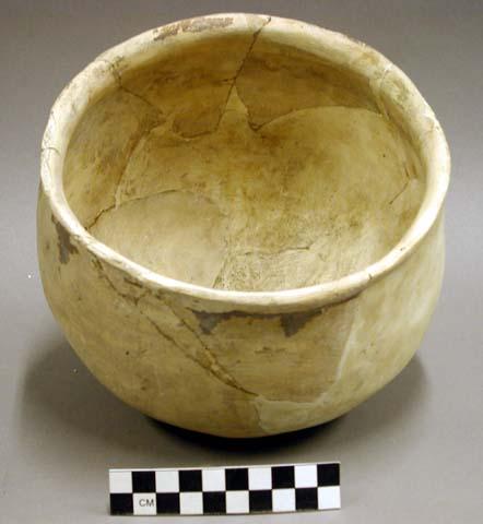 Ceramic complete vessel, jar, flared lip, brown-on-cream exterior, reconstructed