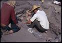 Section Cuy II, Huanchaco       Mechica tomb with Christopher Donnan at work in it; this rock-lined tomb had several interrments and many objects (10 vessels, copper, llama)