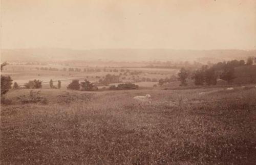 Two arrows point to the copse near which is the Turner Group of Mounds.