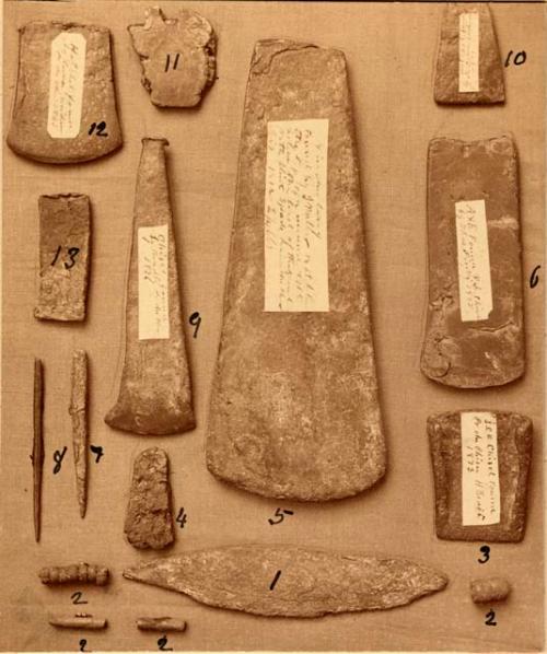 Axe, ice chisel, hatchet and various other stone tools