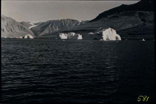 Icebergs in large body of water. Members of Explorer's Club on expedition