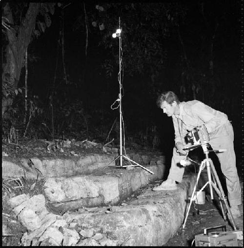 Ian Graham working on Structure 5 Hieroglyphic Stairway at Yaxchilan