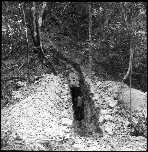 Looter's trench in temple mound at El Temblor