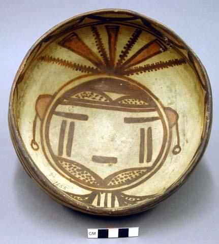 Bowl, polacca polychrome style c. int: kachina design; ext: linear design. 9.7 x