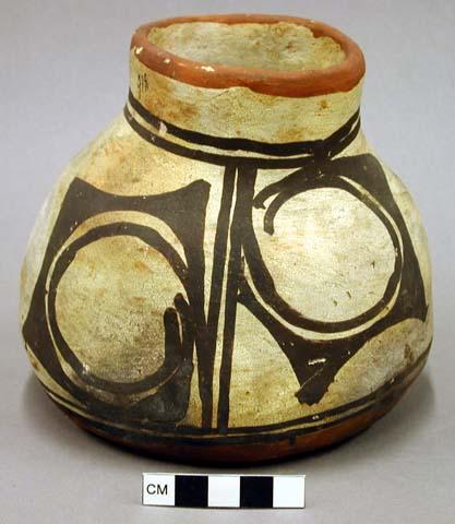 Jar, polacca polychrome style c. zuni rain bird design. 14.0 x 14.0 cm.