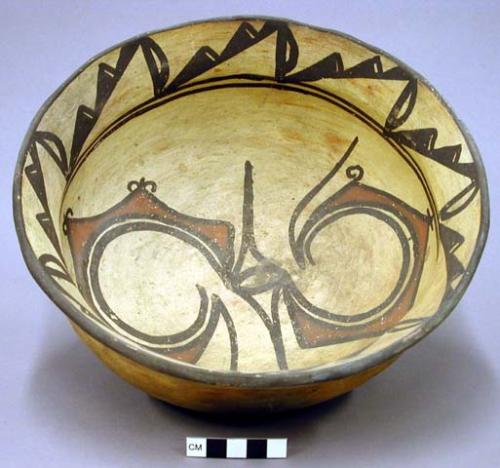 Bowl, polacca polychrome style c. int: zuni rain bird design; ext: slipped, no d