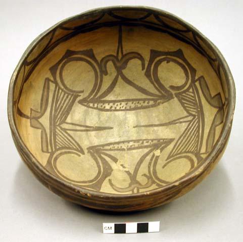 Bowl, polacca polychrome style c. int: zuni rain bird design; ext: linear design