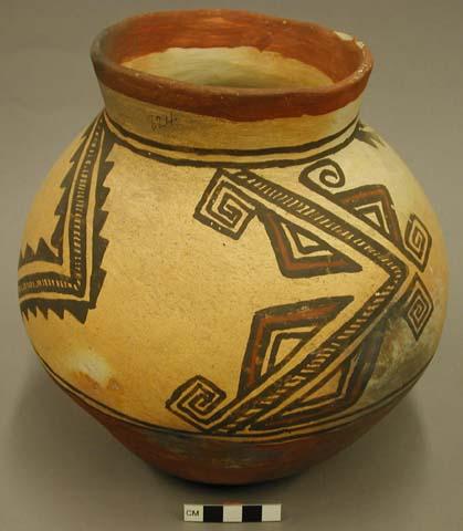 Jar, eccentric painted ware. polychrome on buff.