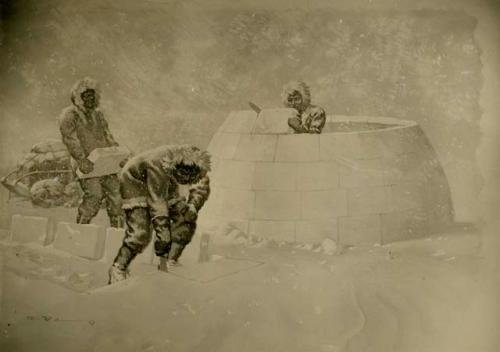 Three Inuit men cutting snow blocks and building igloo