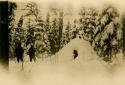 Two men standing near snow covered lodge in clearing of Coniferous Forest.