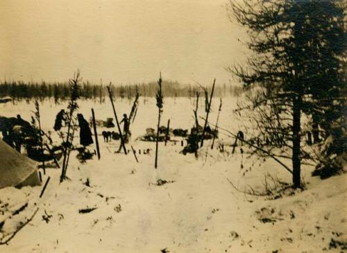 Montagnais women and children with sleds and dog