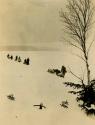 Group of people walking across snow, with dogs pulling loads on sleds