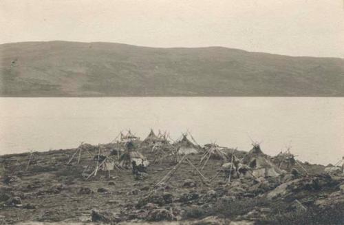 View of camp on lake shore