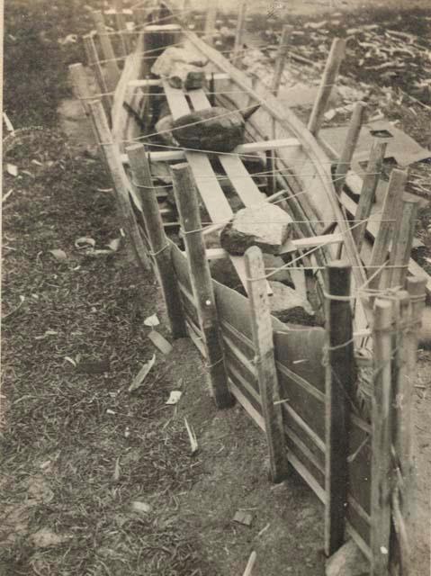 Birchbark canoe under construction