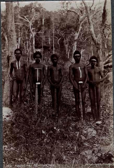 Five Aboriginal "Fighting Men" standing, holding spear throwers