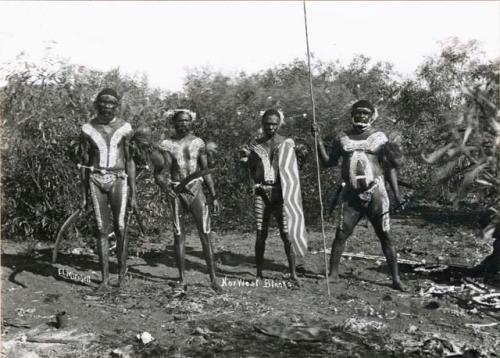 Four Fortesque River Native Men wearing White Ochre Paint and holding a Spear, a Shield, and Boomerangs