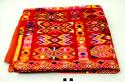 Textile; red with multicolor supplementary brocade? diamond patterns