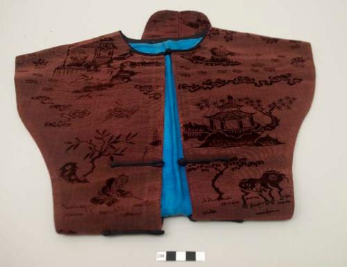 Maroon velvet brocade vest with scenes of daily life