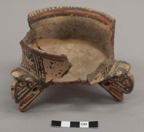 Fragmentary polychrome pottery tripod vessel