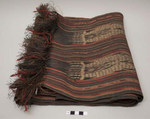 Ikat textile; 2 center bands of ikat in tan, brown and green; brown, tan, red and green narrow bands between and at edges; fringe