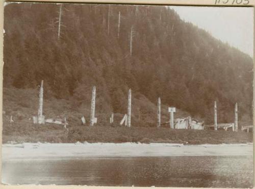 Totem poles and dwellings; Town of Kaisun