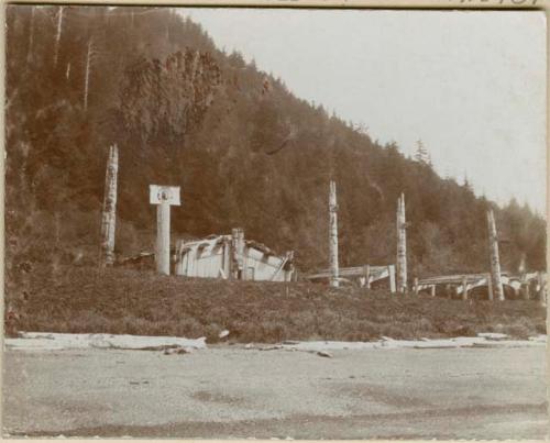 Totem poles and dwellings; Town of Kaisun