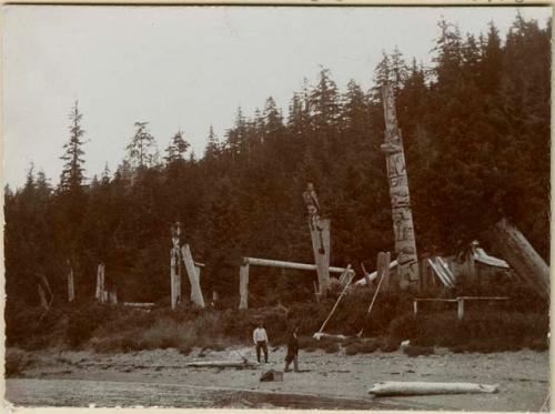 Totem poles and dwellings; Town of Kaigani, called "Muddy Stream town."