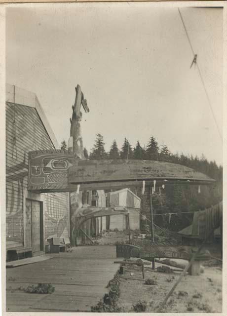 View of chief's house with raven's beak holding blanket fragments