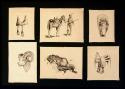 Six small wash drawings framed as one, picturing: saddles, Native American and horse, chlld in cradleboard, sleeping bear, and goat head