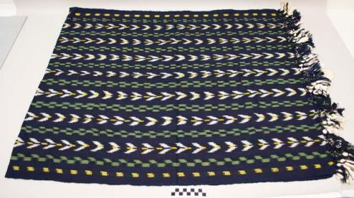 Rebozo, woman's shawl, one piece, indigo cotton with white, yellow, and green ikat geometric images, tasseled ends