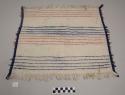 Servilleta, small white cloth, blue bands and fringe at ends, blue and pink stripes