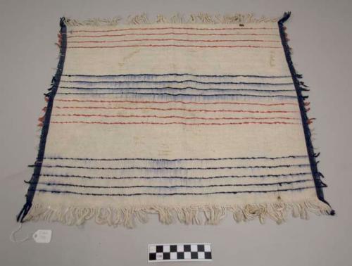 Servilleta, small white cloth, blue bands and fringe at ends, blue and pink stripes