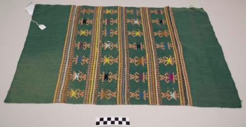 Tzute, women's multipurpose cloth, green cotton, with multicolored cotton and silk stripes and female figures