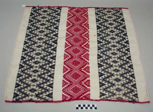 Tzute, women's multipurpose cloth, white cotton with thick bands of red and black geometric designs