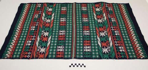 Huipil, women's shirt, half, indigo cotton, green, white and red-orange geometric and anthropomorphic designs