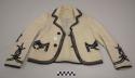 Jacket, boy's tailored jacket with two buttons, white with decorative black braid on edges and butterfly design on back